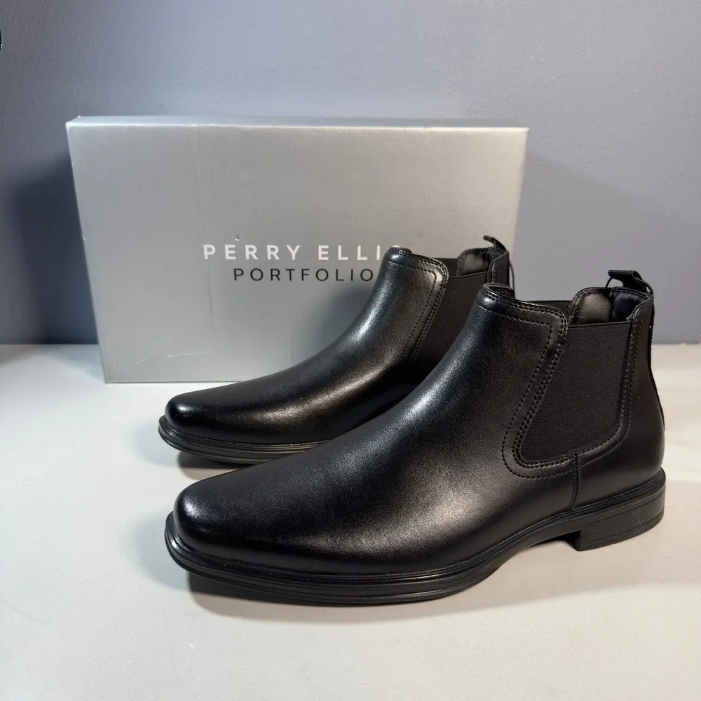 Perry Ellis Chelsea Boot Mens 9.5 Black NEW Leather Portfolio Dress Ankle